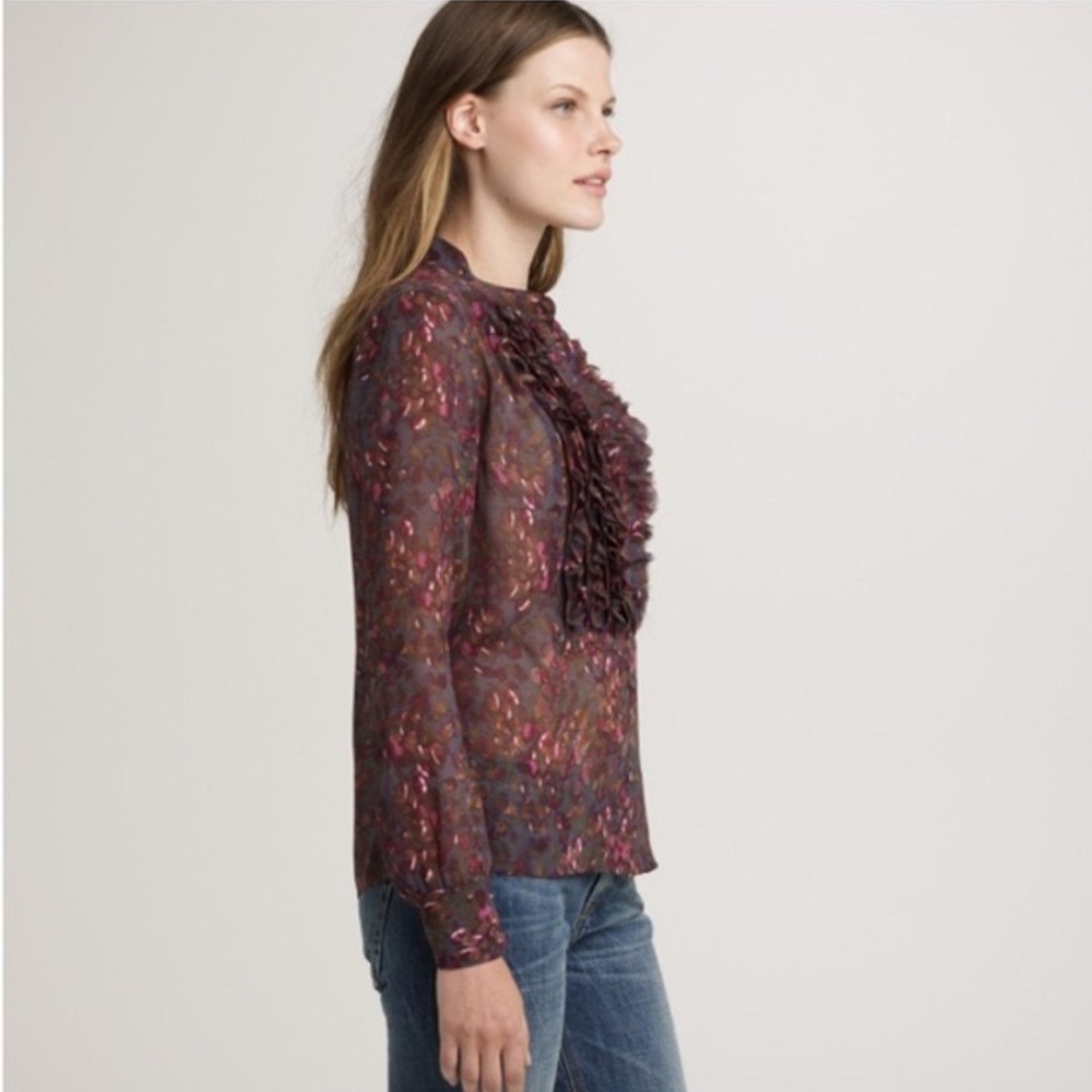J. Crew Silk Floral Blouse Ruffle Placket Button Front Bayberry Flouncette 6 - Picture 4 of 11